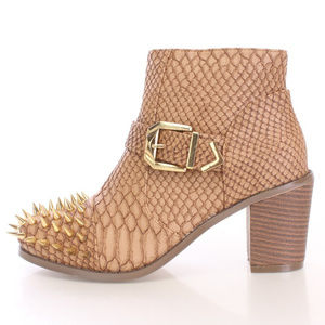 Brown Spike Studed Ankle Booties Faux Croc